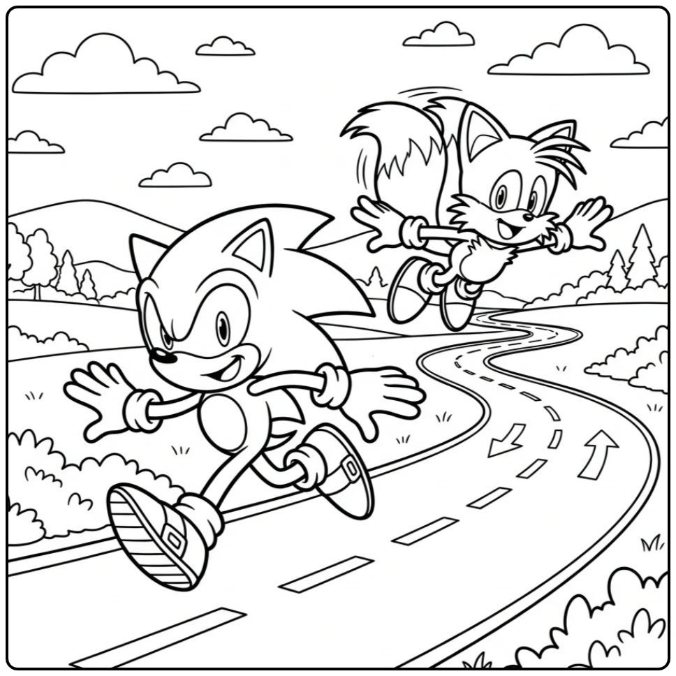 Sonic kleurplaat: Sonic en Tails racen vrolijk op een bochtig circuit.