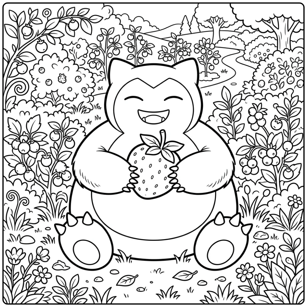 Vrolijke snorlax kleurplaat met bes in idyllische bessentuin