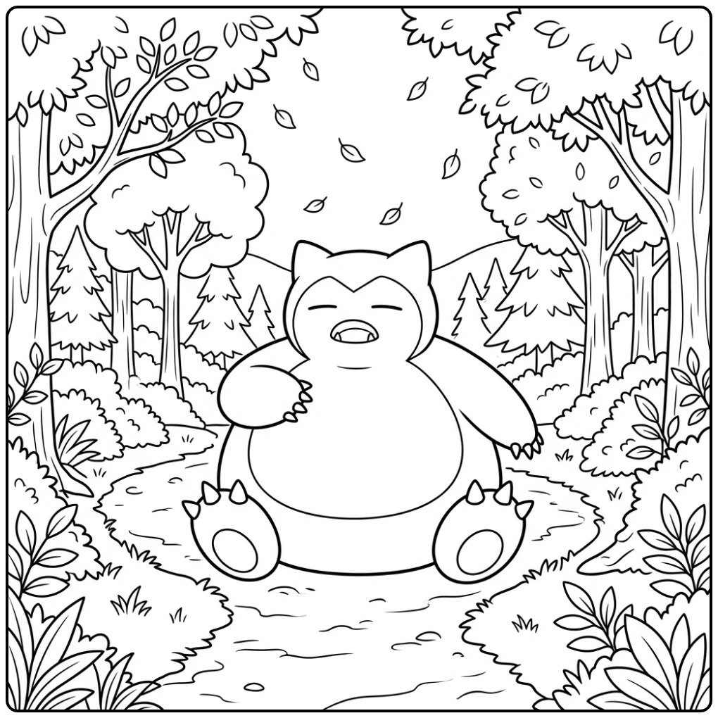 Grappige snorlax kleurplaat blokkeert bospad met vallende bladeren.