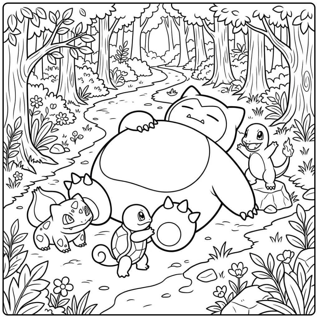 Leuke snorlax kleurplaat: Pokémon wekken Snorlax in bos.