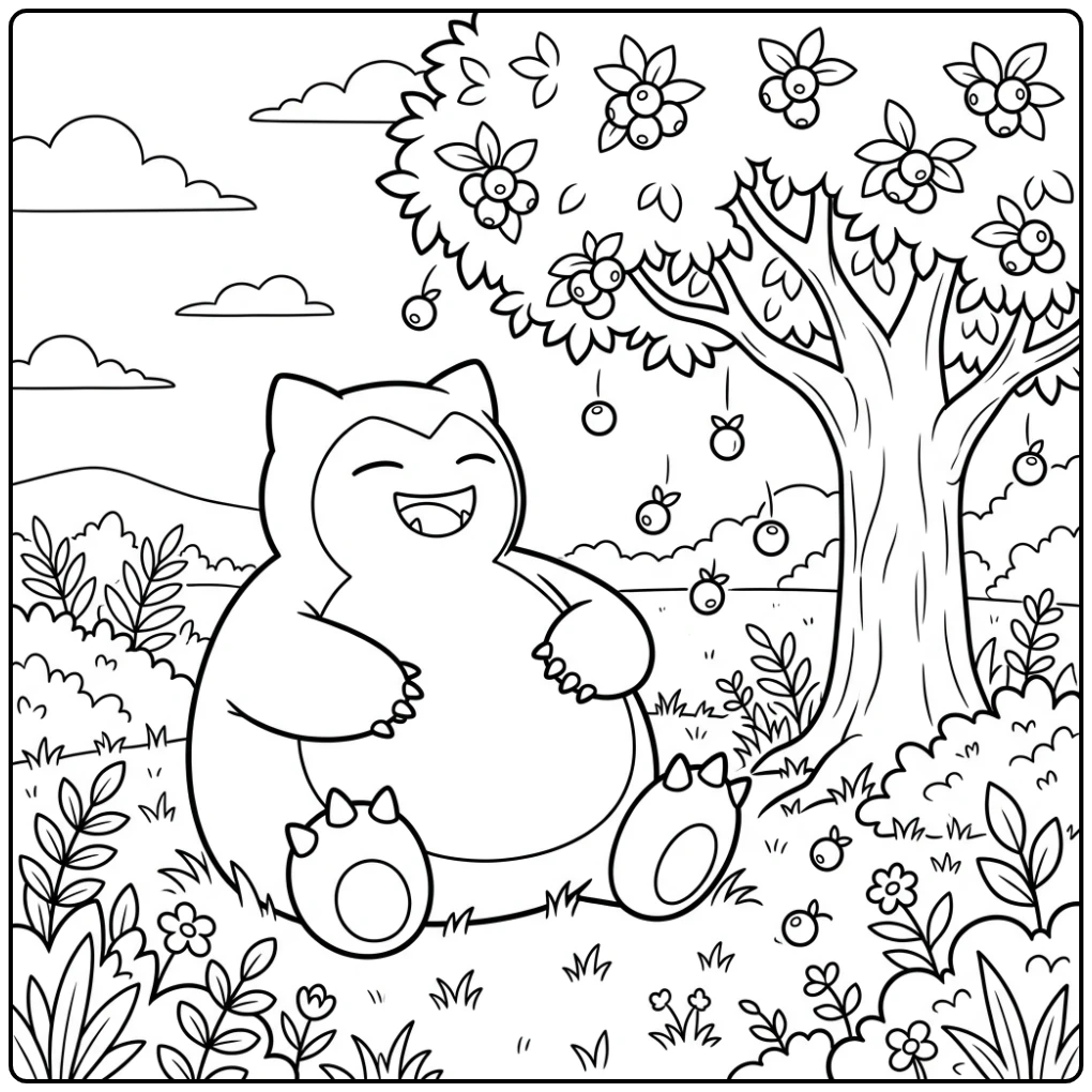 Vrolijke snorlax kleurplaat: Snorlax geniet van bessen in het gras.