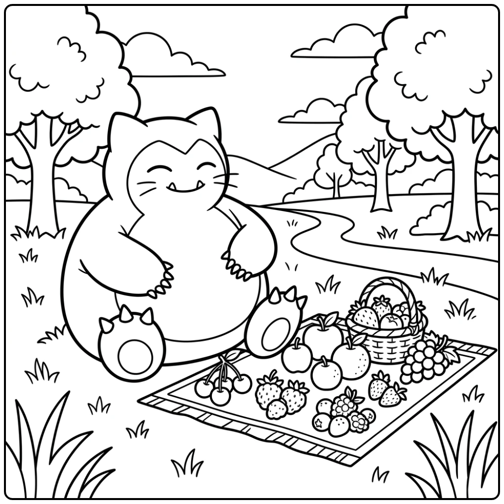 Vrolijke snorlax kleurplaat: picknick met fruit en bessen