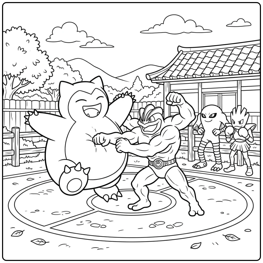 Snorlax kleurplaat: Speelse strijd met Machamp in de arena