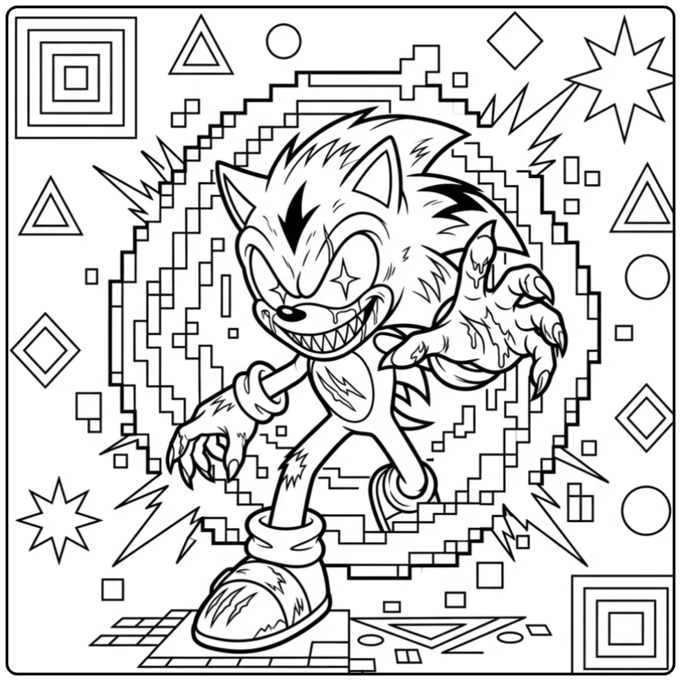 Sinistere sonic exe kleurplaat: Sonic uit portaal met uitgestrekte hand.