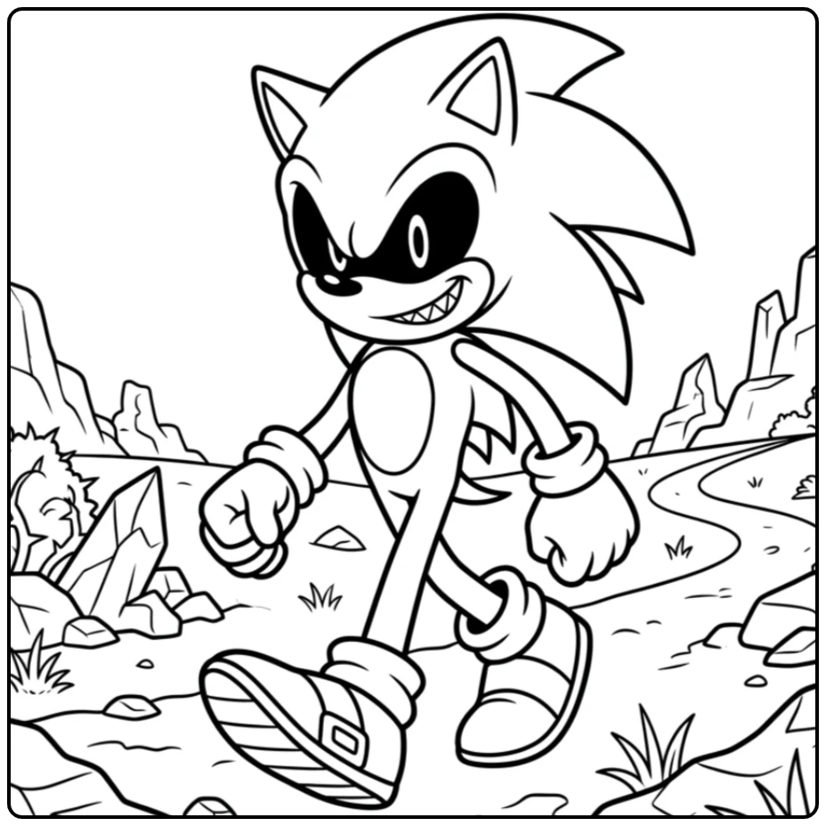 Zelfverzekerde sonic exe kleurplaat wandelt krachtig voorwaarts door terrein