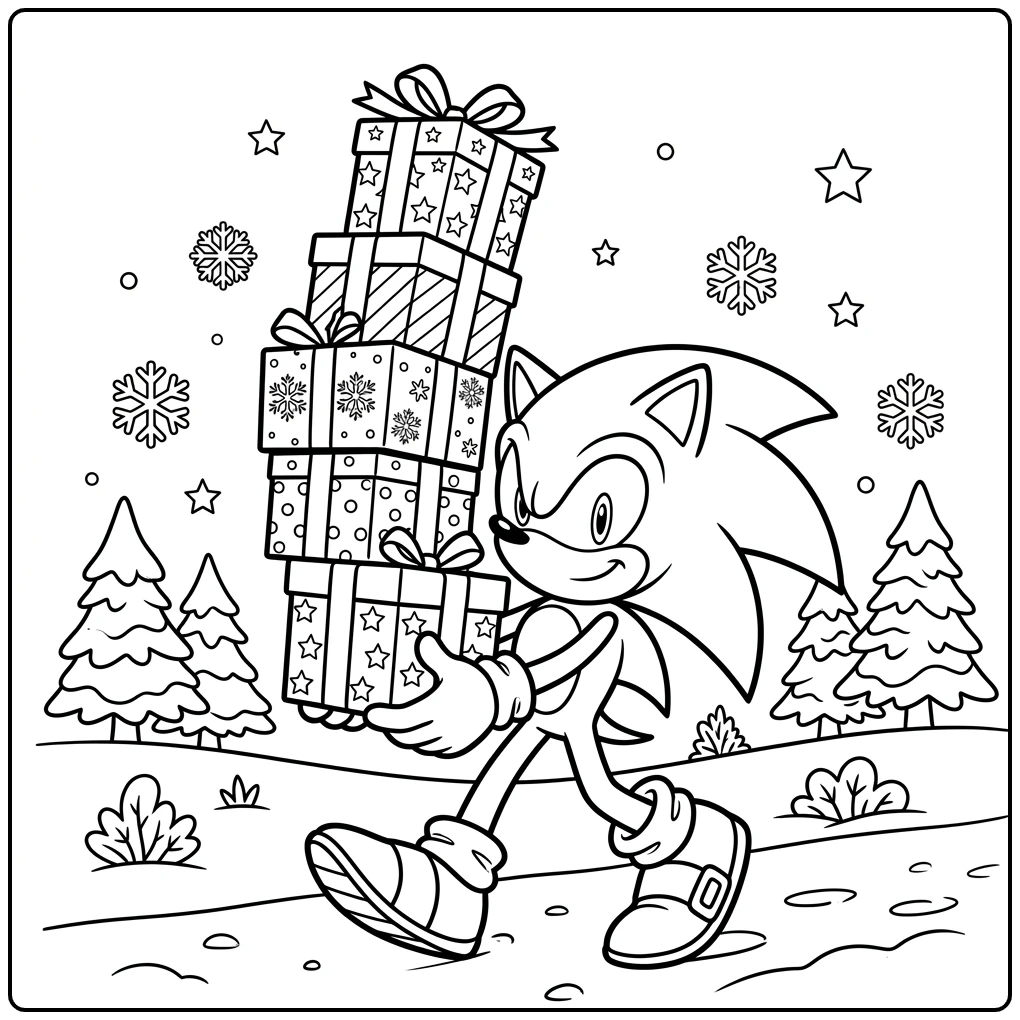 sonic kerst kleurplaat met Sonic die cadeaus balanceert