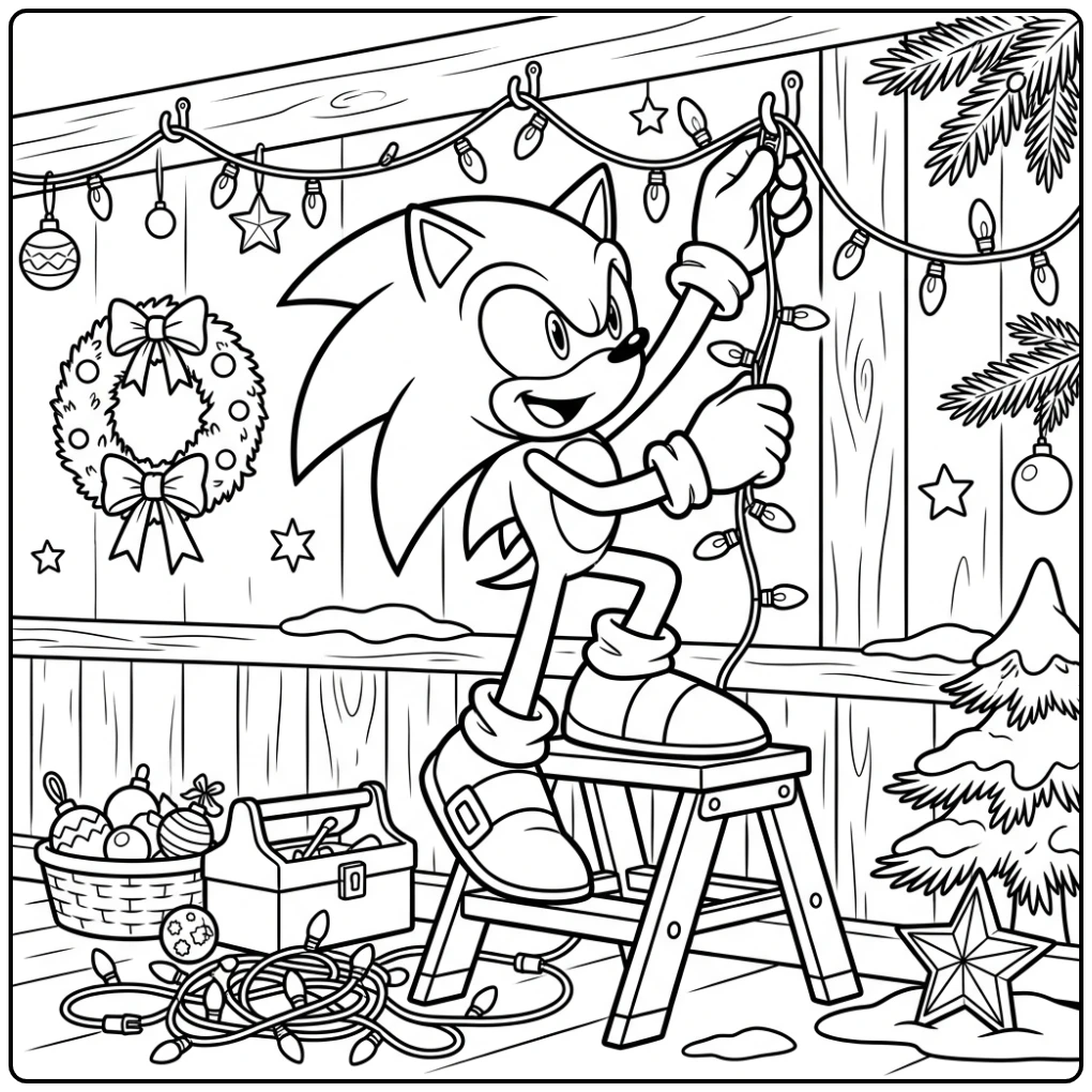Vrolijke sonic kerst kleurplaat: Sonic hangt lampjes aan de muur.