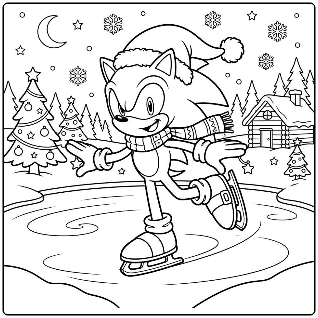 Sonic schaatst vrolijk op ijs, met sjaal en muts. sonic kerst kleurplaat.
