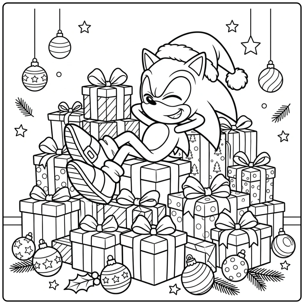 Vrolijke sonic kerst kleurplaat met Sonic op cadeaus