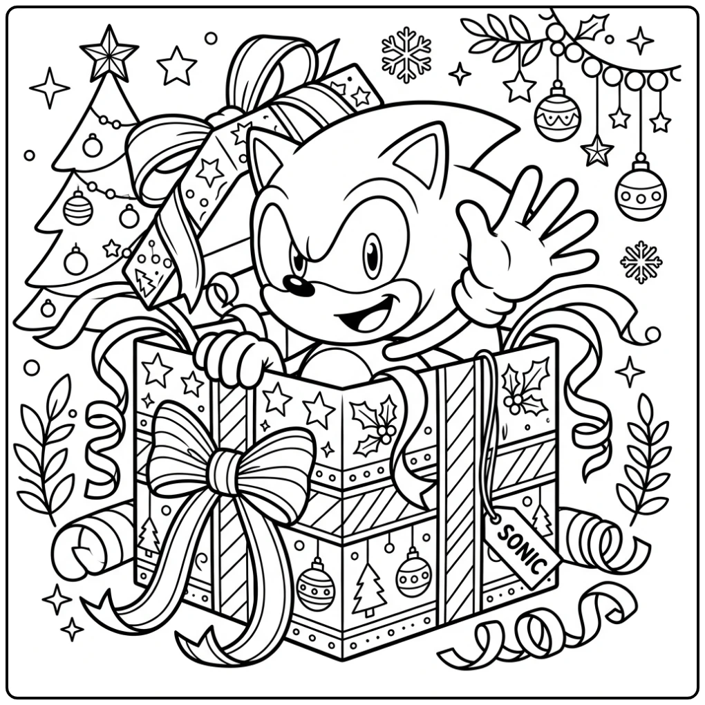 Verraste Sonic kerst kleurplaat, uit een groot cadeau springend