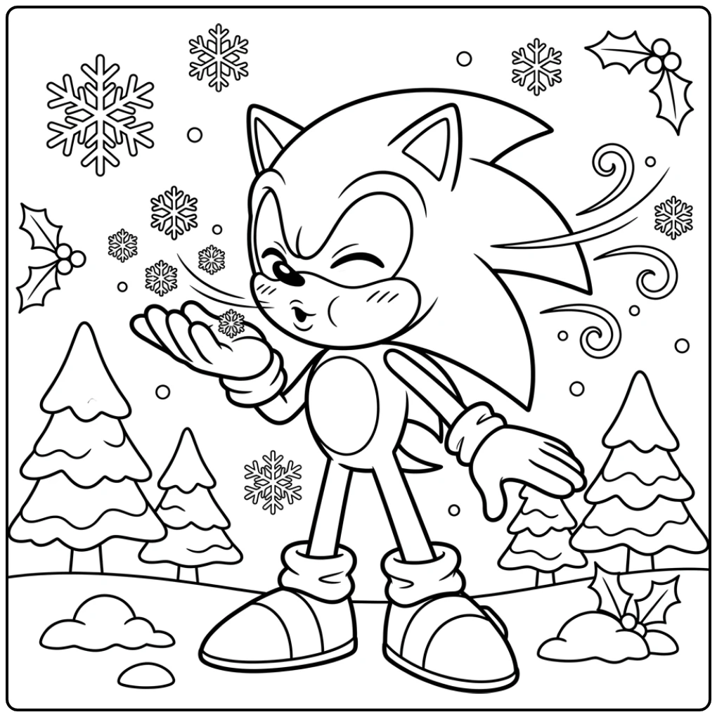 Sonic kerst kleurplaat: Sonic blaast speels sneeuwvlokken.