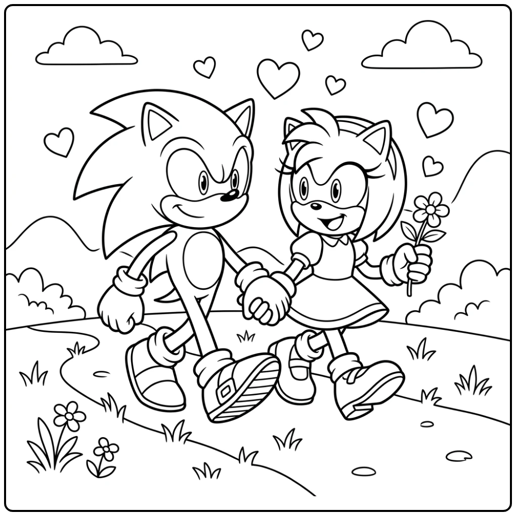 Lachende sonic kleurplaat met Sonic en Amy Rose in het gras
