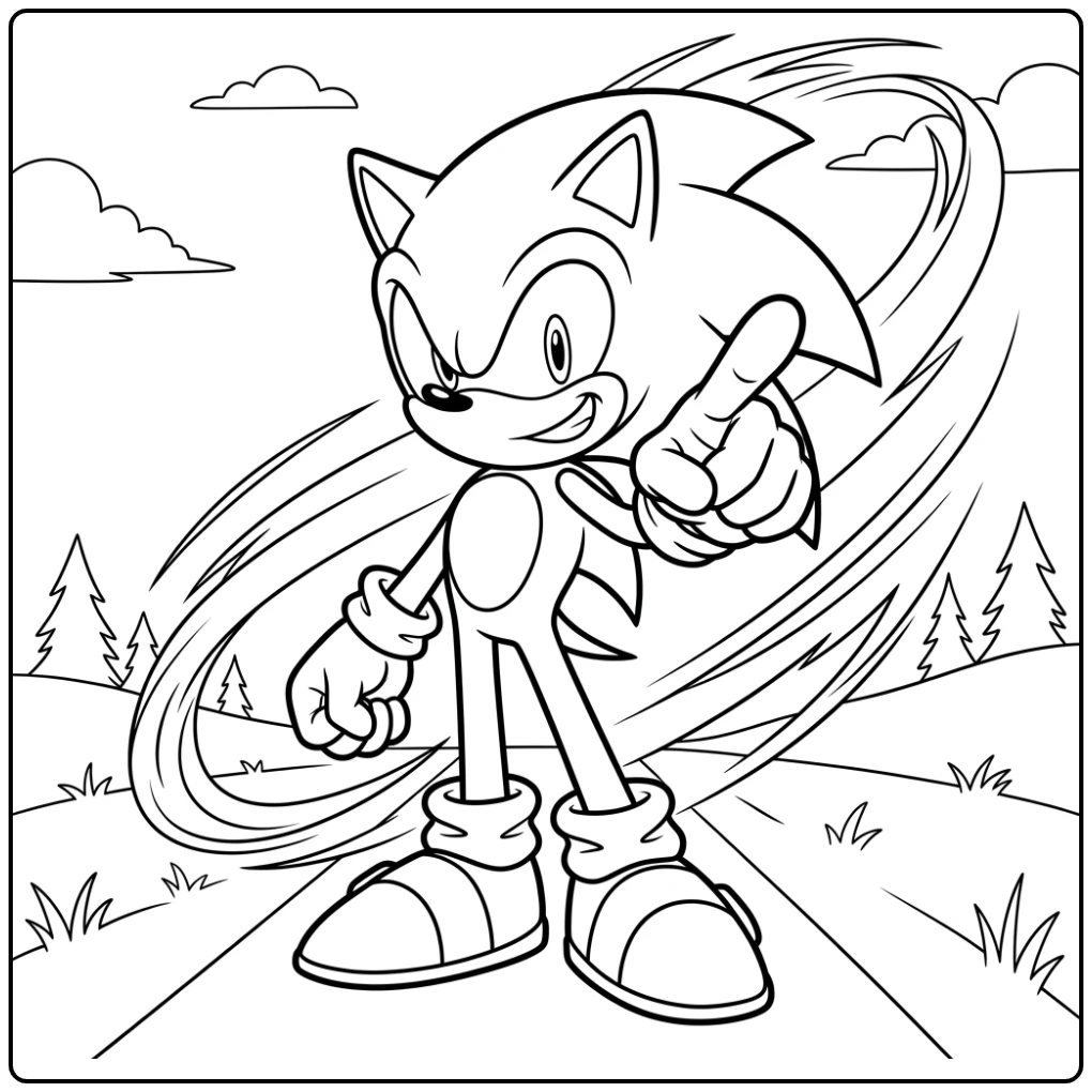 Sonic kleurplaat: Sonic wijst vooruit, klaar voor snelle actie.
