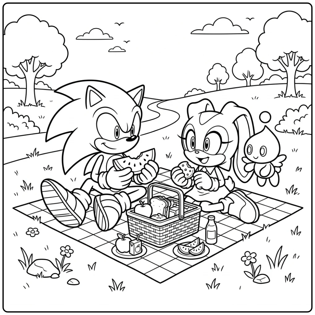 Sonic en Cream picknicken samen op het gras - sonic kleurplaat