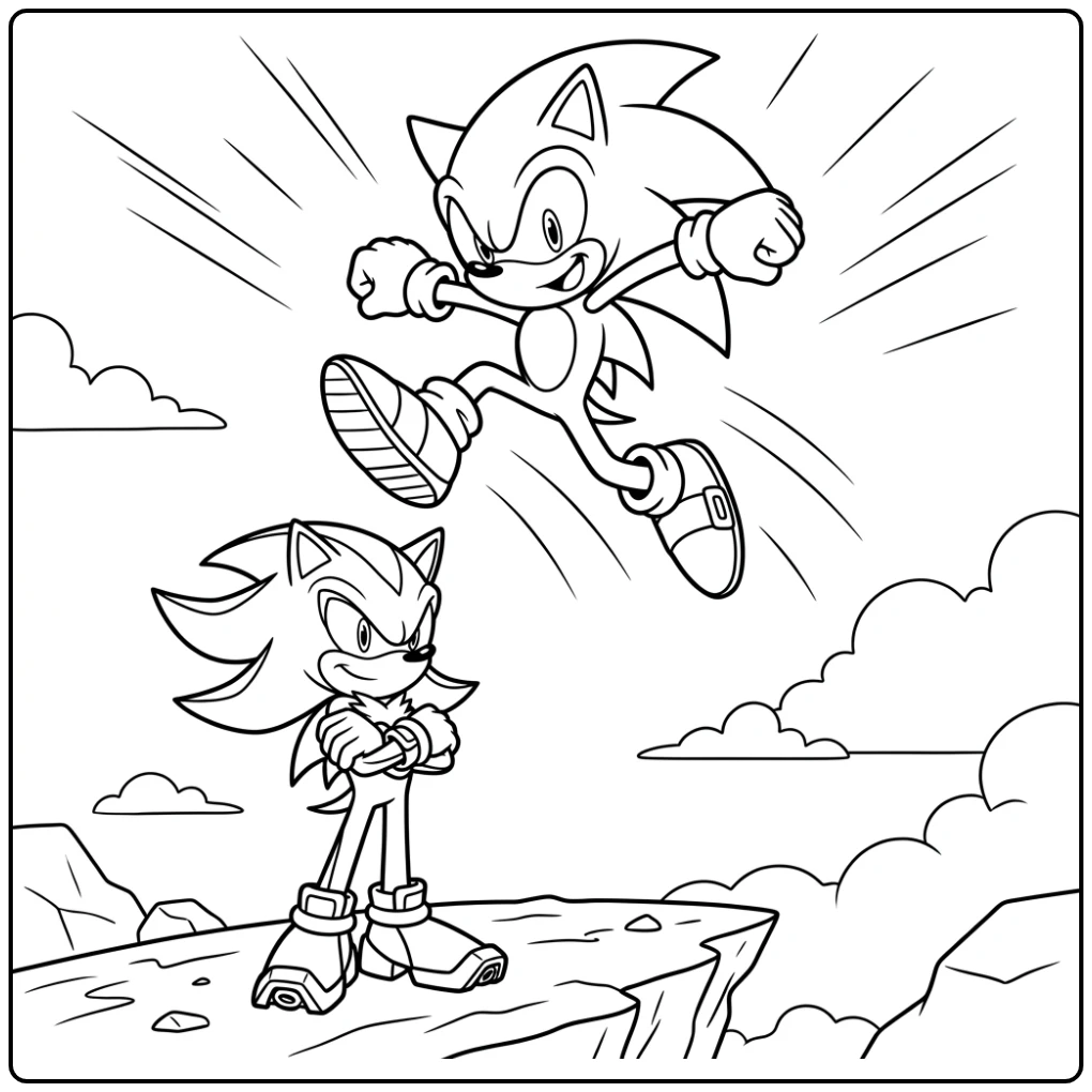 Sonic de Egel springt hoog boven Shadow; een leuke sonic kleurplaat.