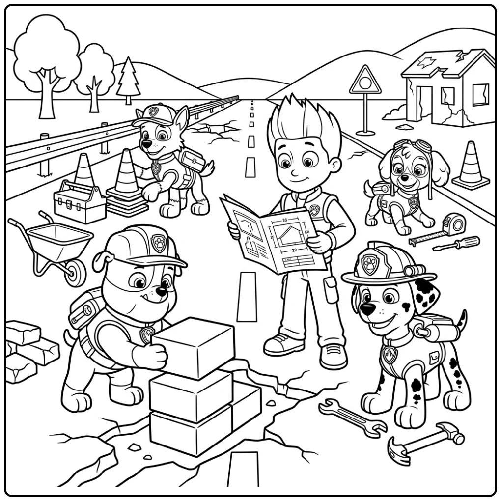 Rubble bouwt weg met vrienden. Kleurplaat Paw Patrol Rubble.
