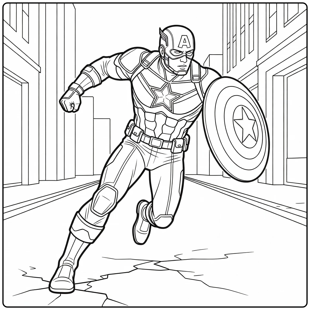 Actievolle captain america kleurplaat met schild op straat.
