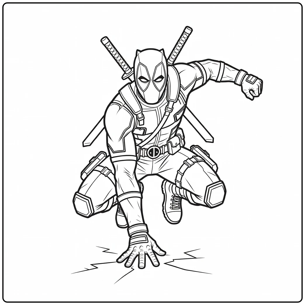 Actievolle deadpool kleurplaat na een stoere landing.