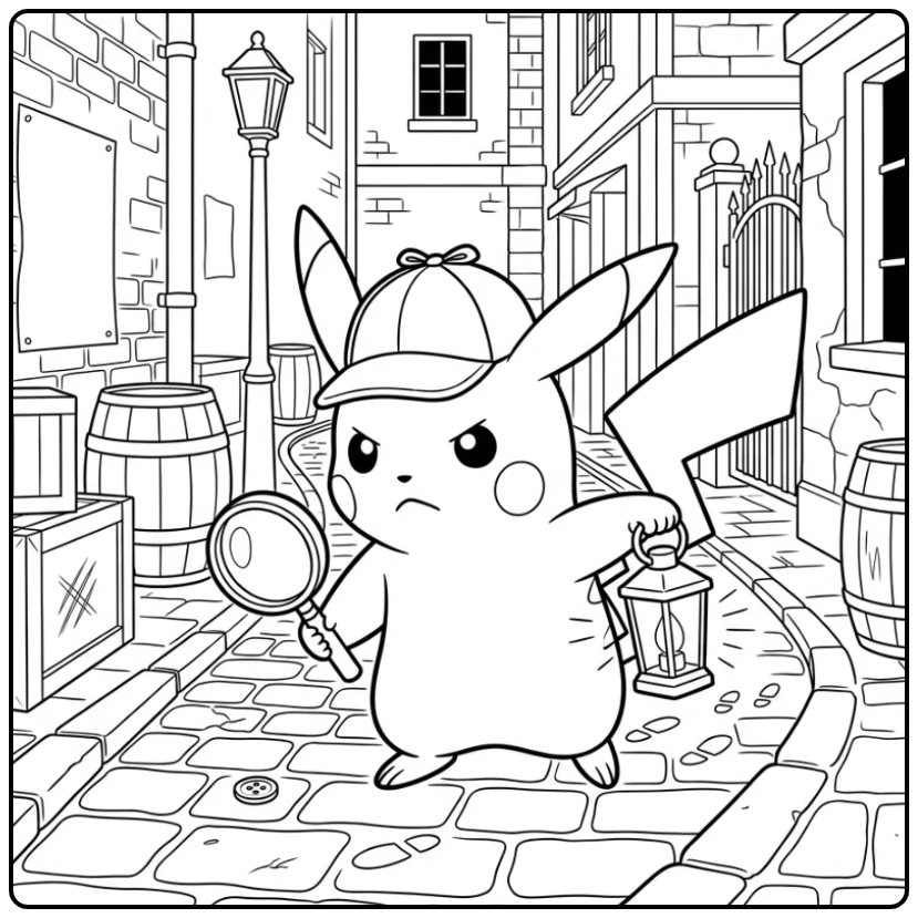 Mooie detective picatu kleurplaat met lantaarn in een steeg.