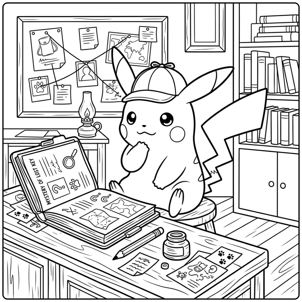 Leuke detective picatu kleurplaat aan een bureau met dossier.