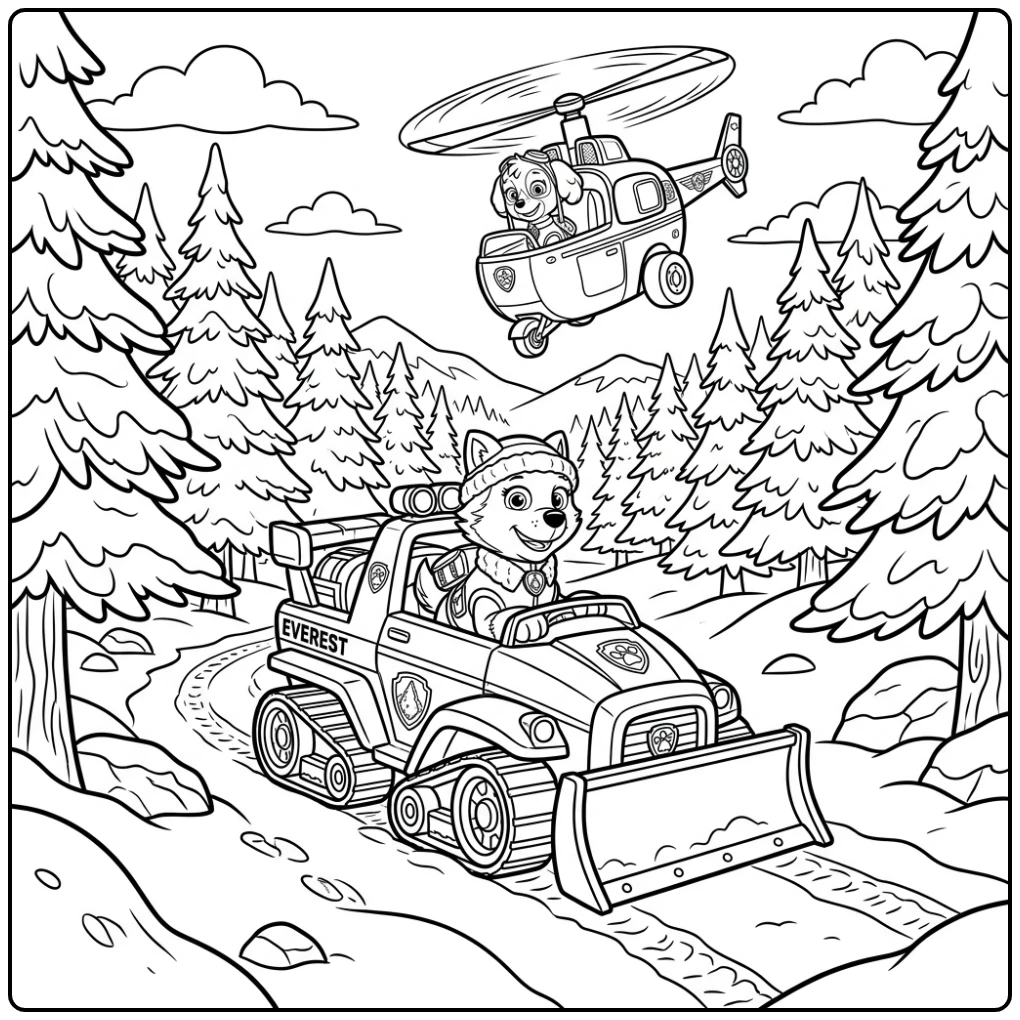 Everest met sneeuwvoertuig, Skye erboven; everest paw patrol kleurplaat