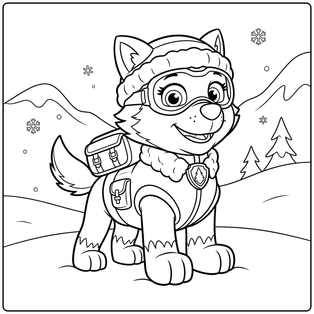 Everest redt pinguïn op besneeuwde berg, een everest paw patrol kleurplaat.