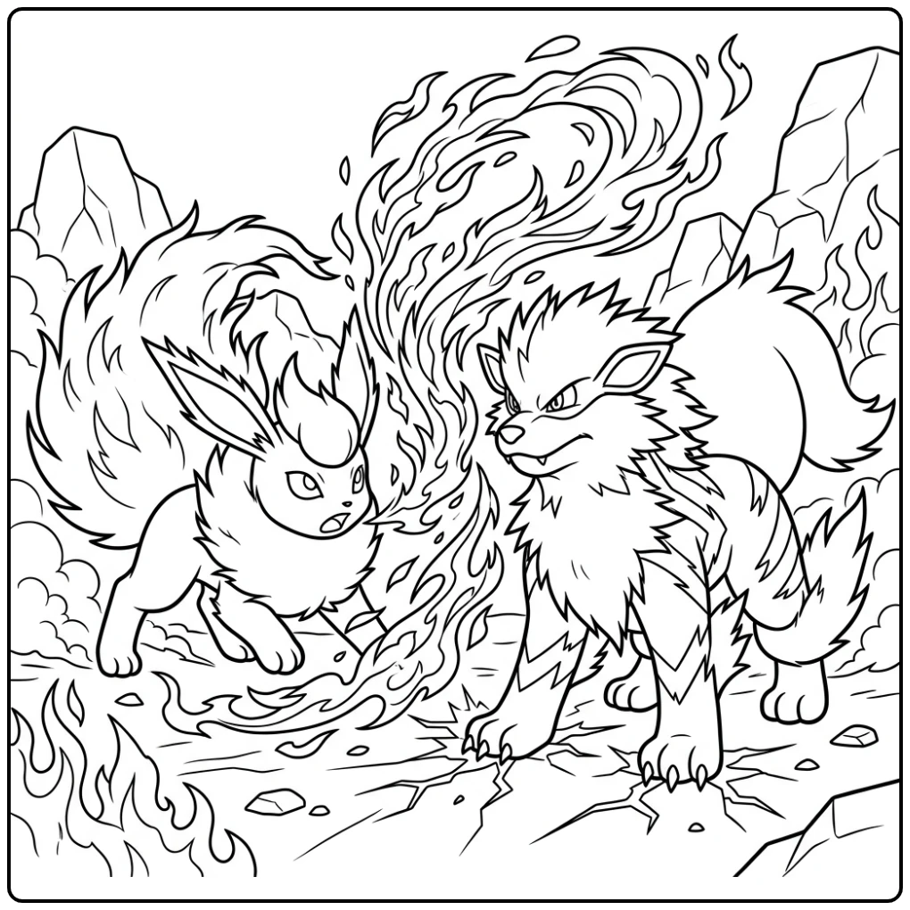 Dynamische flareon kleurplaat gevecht met Arcanine, vuur tussen hen.