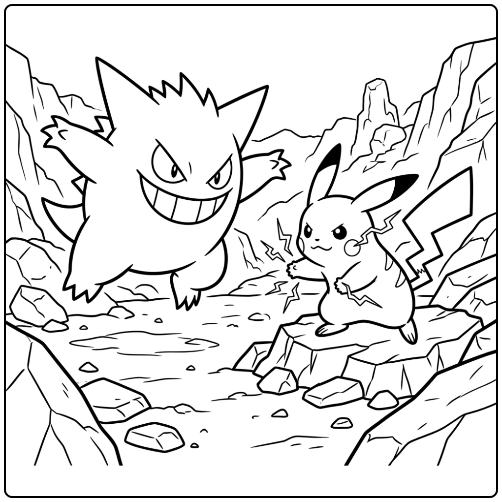 Gengar kleurplaat: Gengar en Pikachu in epische strijd op rotsen