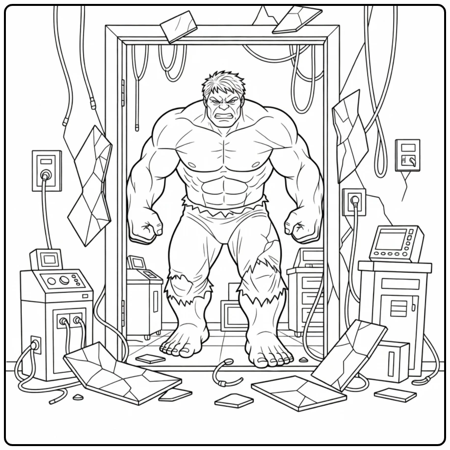 Stoere hulk kleurplaat in een verwoest laboratorium.