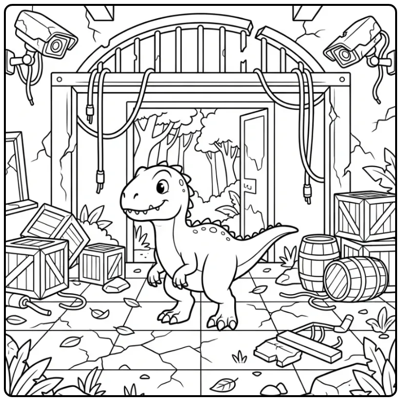 Cartoon indominus rex kleurplaat in een verlaten ruïne.