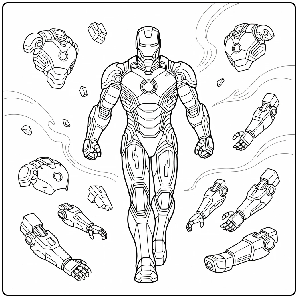 Stoere iron man kleurplaat op een slagveld vol robots.