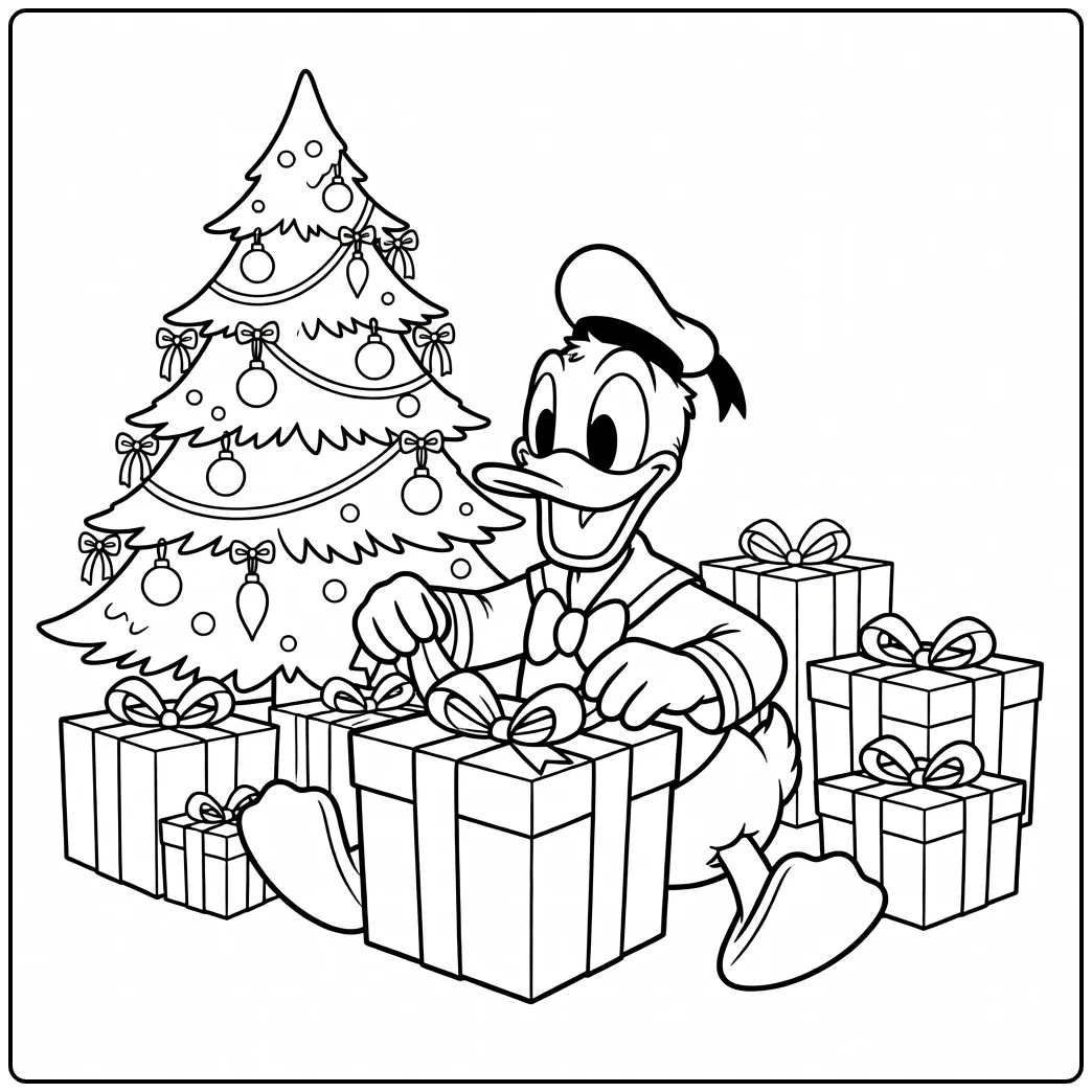 Donald Duck kerstcadeau uitpakken, een vrolijke kleurplaat donald duck kerst