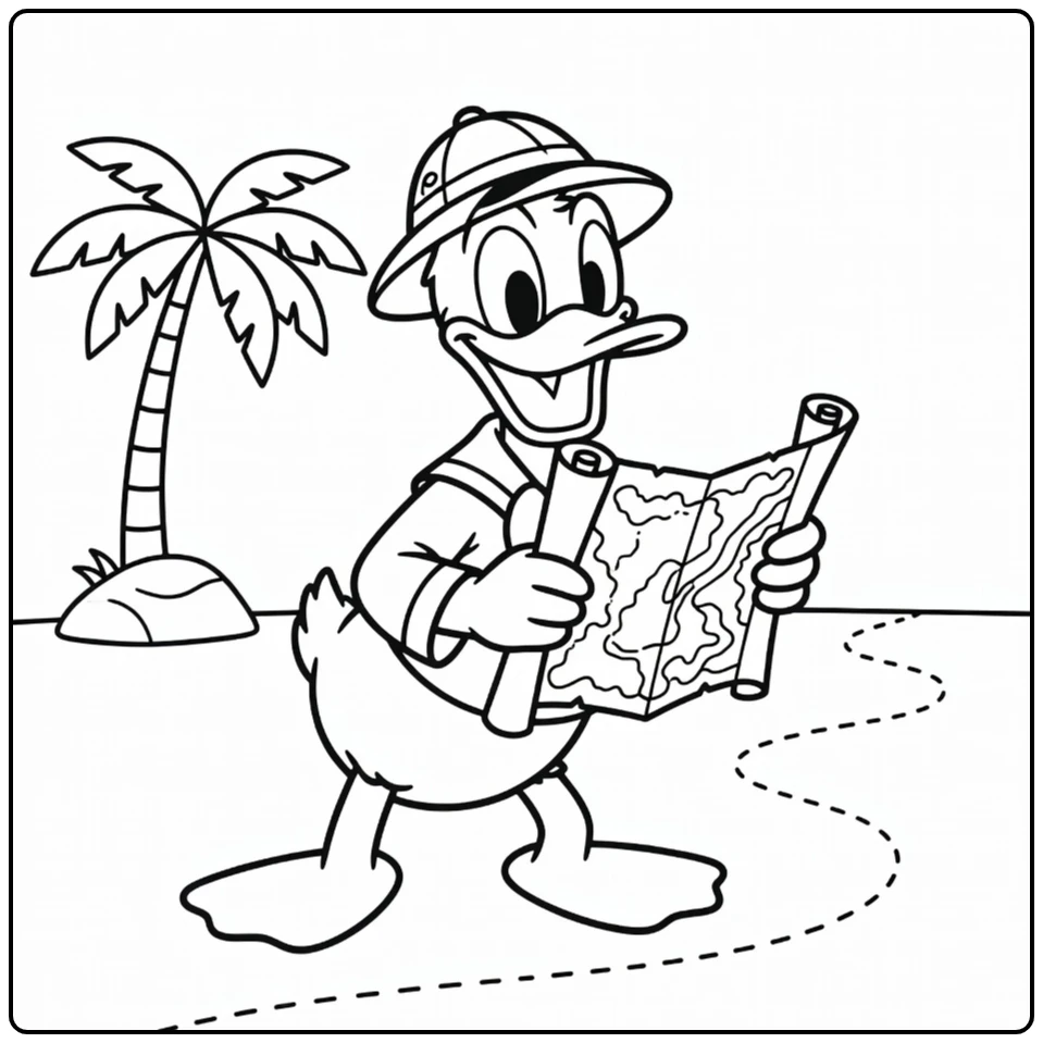 Avontuurlijke kleurplaat donald duck als ontdekkingsreiziger.