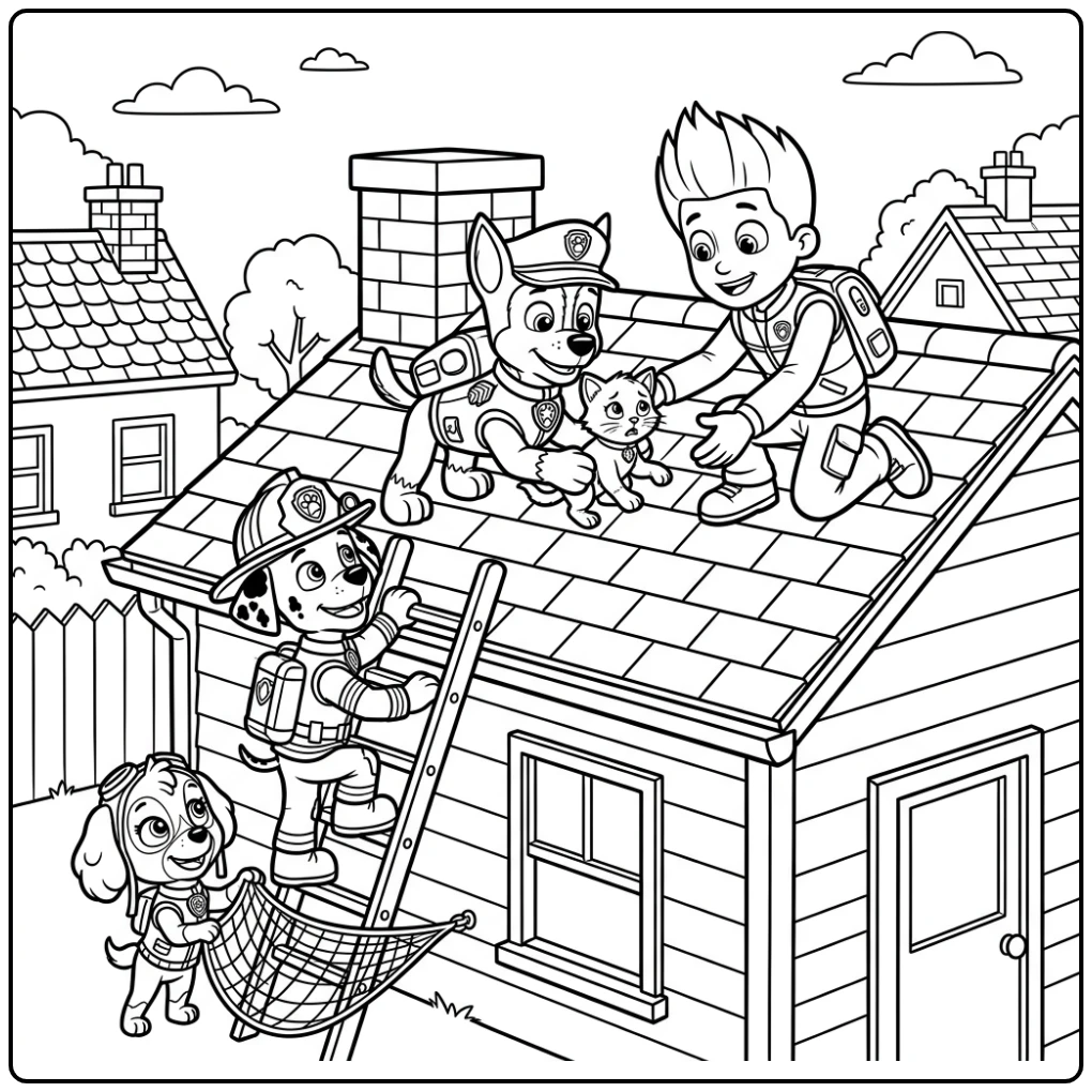 Heroïsche kleurplaat paw patrol chase redt kitten van dak