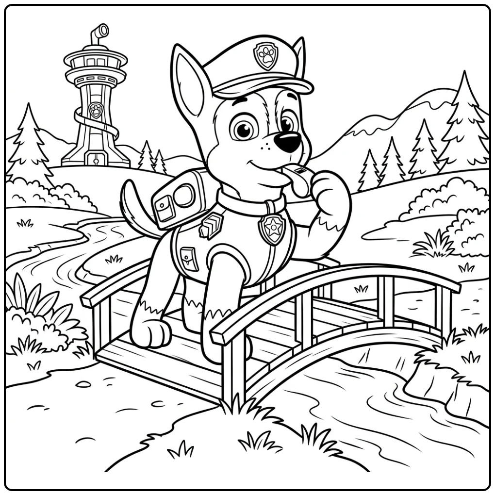 Chase blaast zijn fluitje bij de brug in Adventure Bay: kleurplaat paw patrol chase.