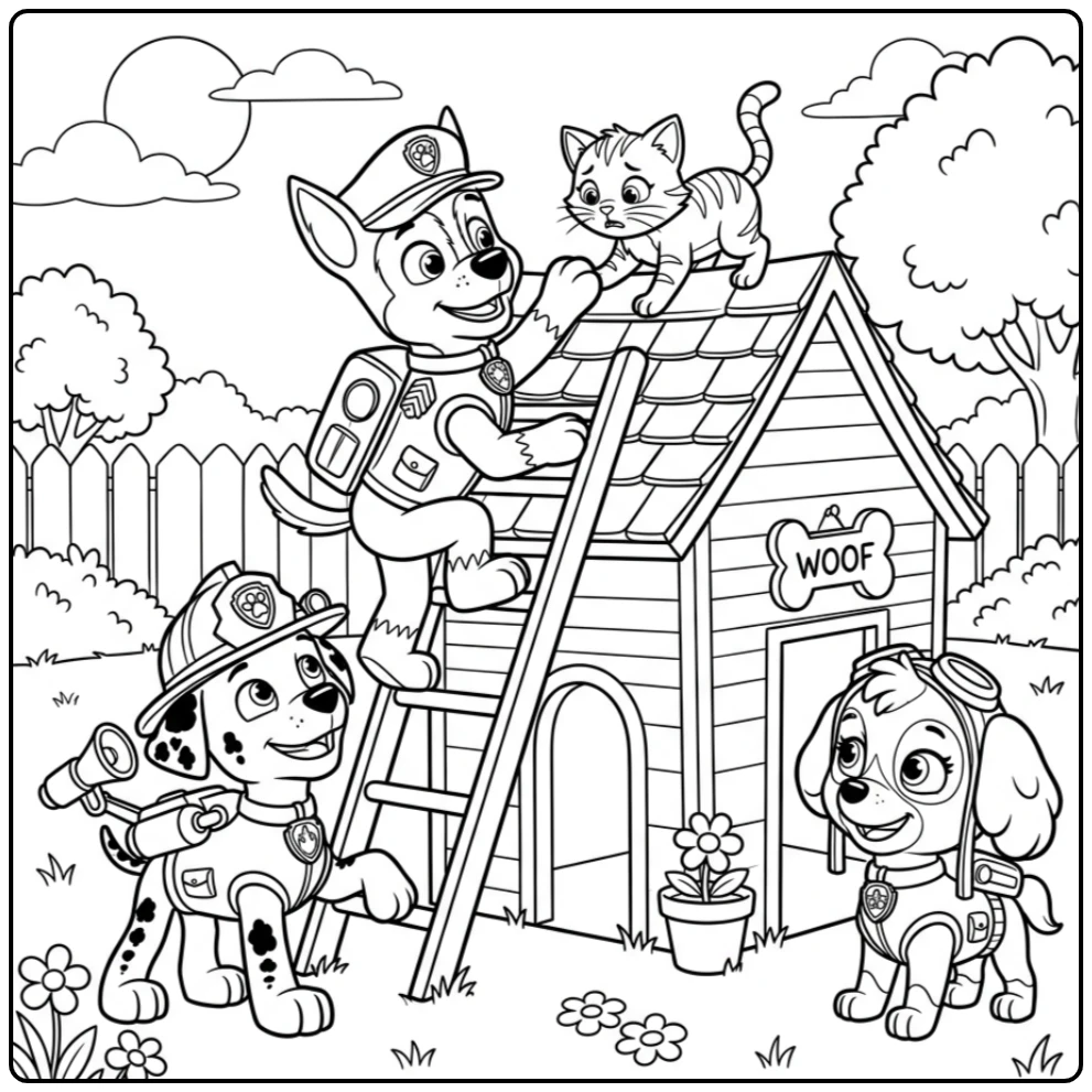 Avontuurlijke kleurplaat paw patrol chase redt kitten van hondenhok