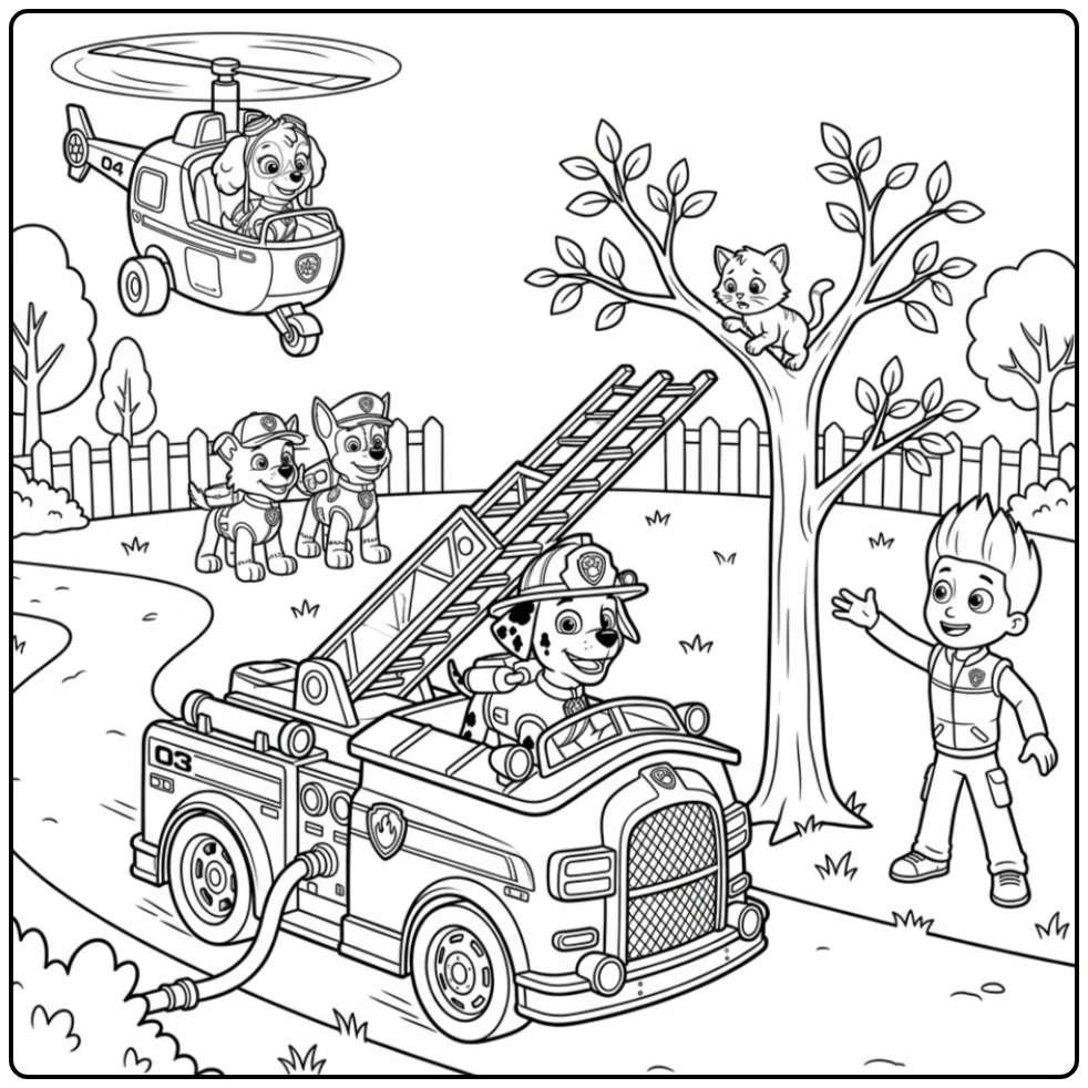 Kleurplaat Paw Patrol Marshall redt kitten uit boom.