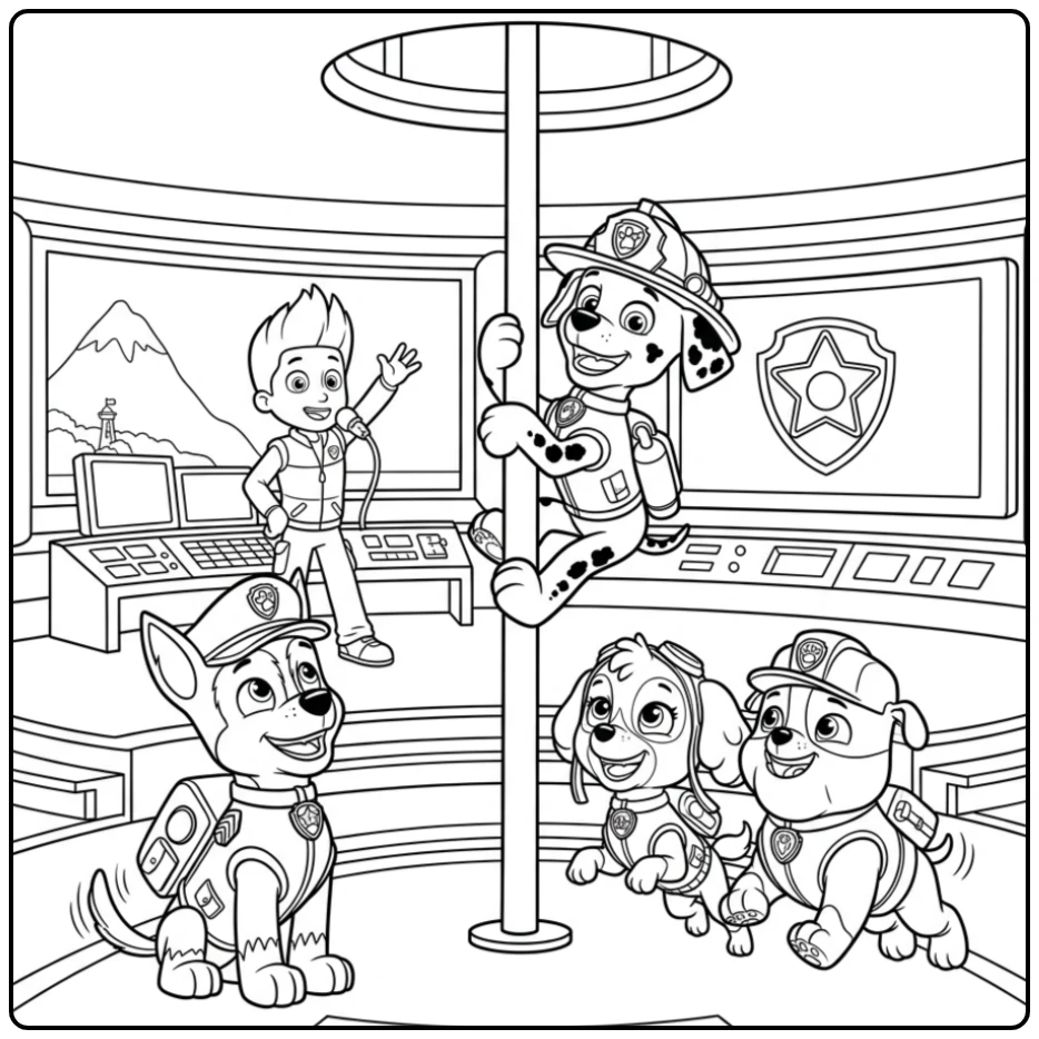 Marshall glijdt van brandweerpaal: kleurplaat paw patrol marshall actie!