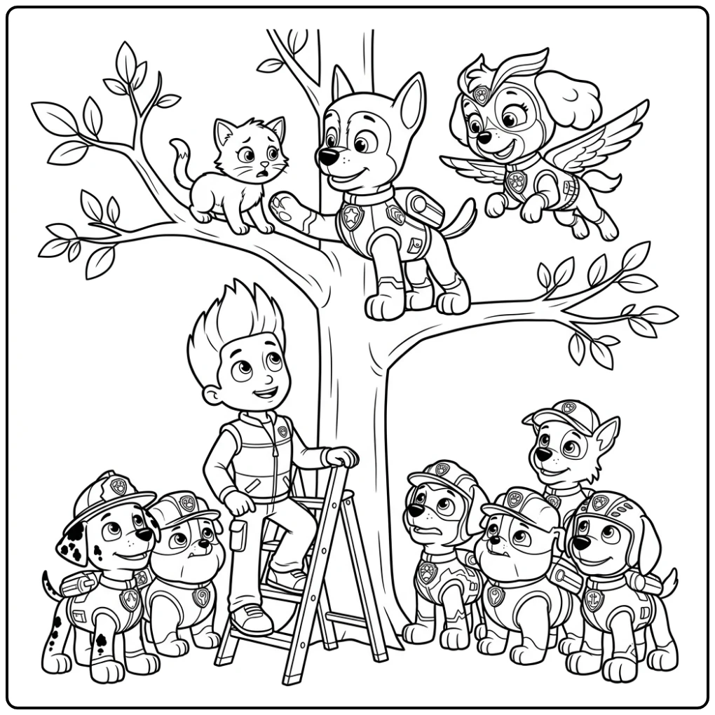 Heroïsche kleurplaat paw patrol mega pups redden kitten uit boom