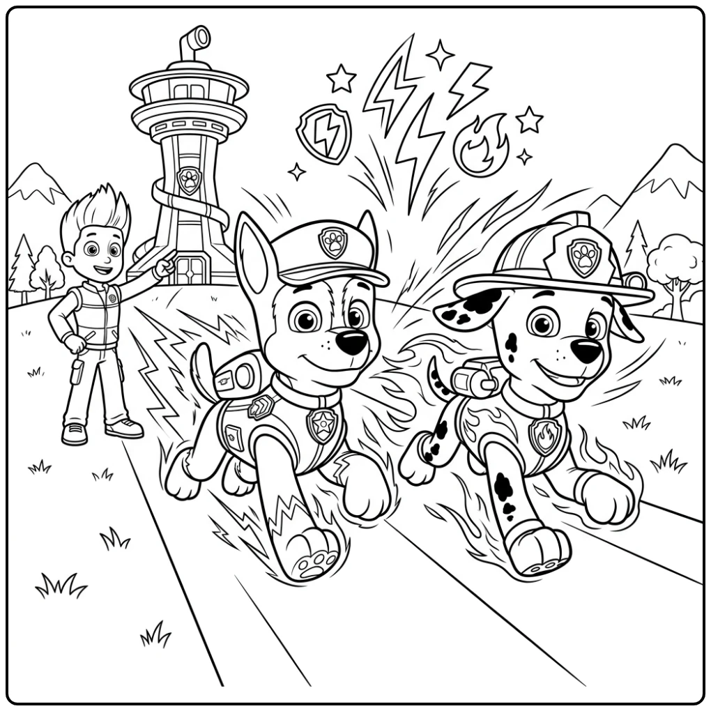 Chase en Marshall in actie op de kleurplaat paw patrol mega pups.