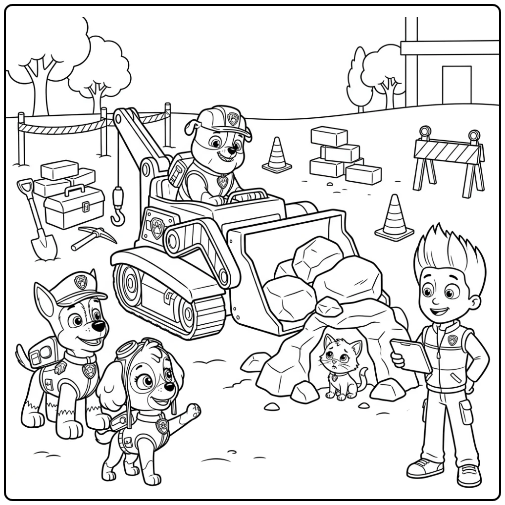 Kleurplaat paw patrol rubble: Rubble redt een kitten met zijn bulldozer.