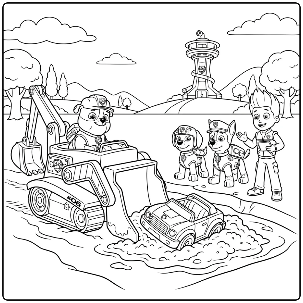 Avontuurlijke kleurplaat paw patrol rubble, auto redden uit modder.