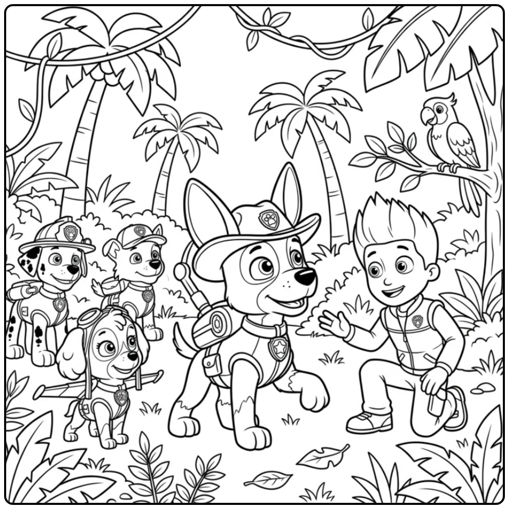 Kleurplaat paw patrol tracker helpt een verloren papagaai te vinden