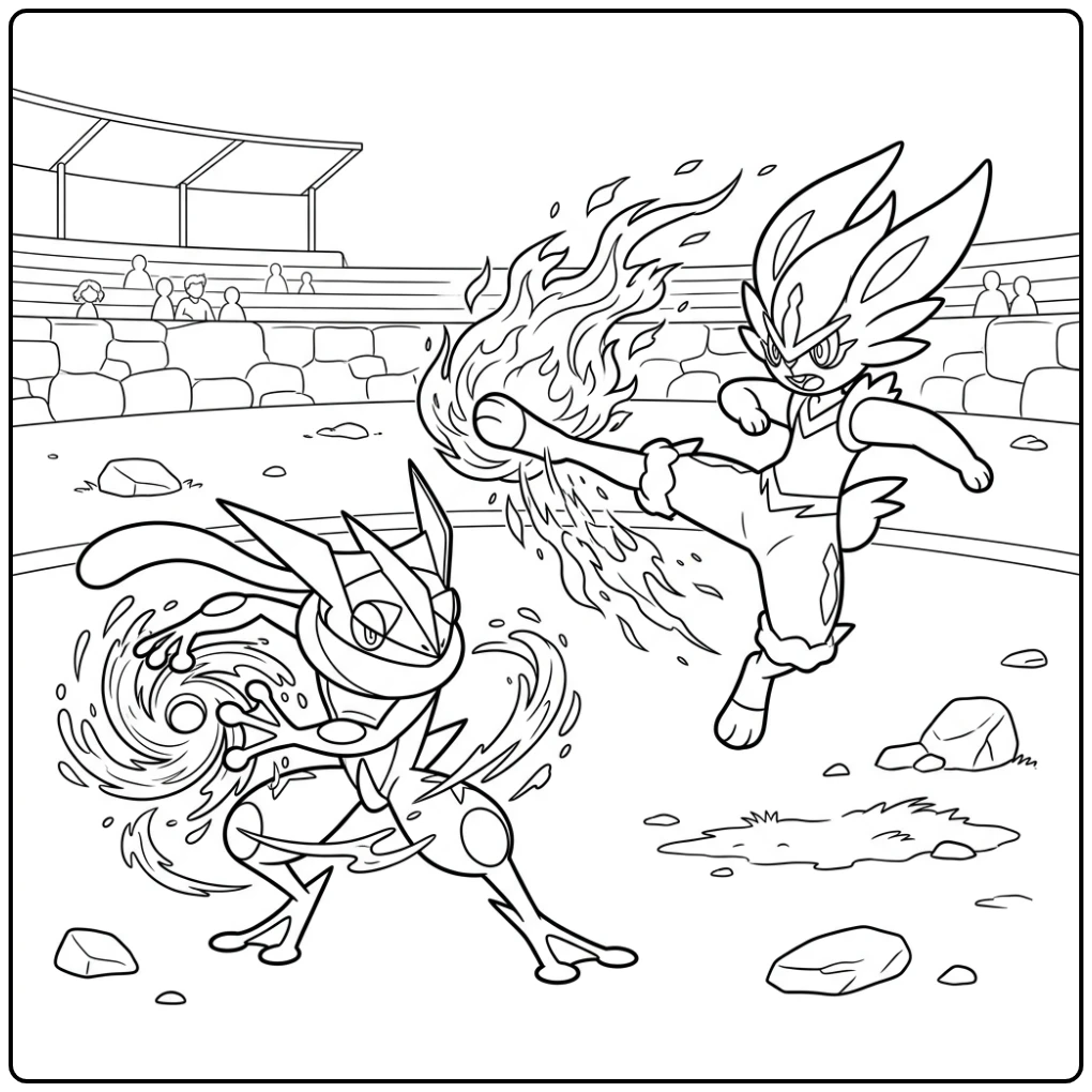 Kleurplaat pokemon cinderace: Cinderace versus Greninja arena gevecht.