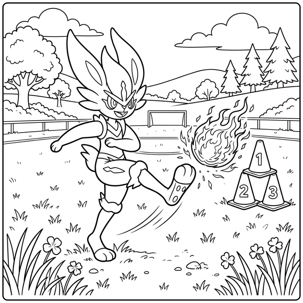 Cinderace traint intensief op grasveld met bal en kegels, kleurplaat pokemon cinderace.