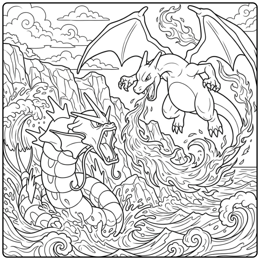Epische kleurplaat pokemon moeilijk: Charizard vs. Gyarados boven klif.