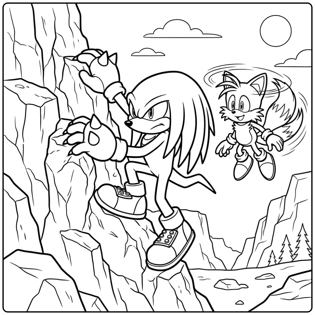 Knuckles kleurplaat: Knuckles klimt rots met Tails die hulp biedt