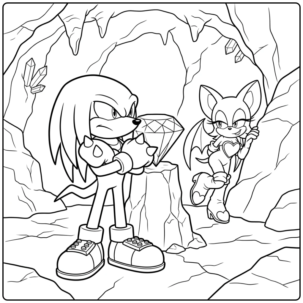 Knuckles kleurplaat: Knuckles bewaakt de Master Emerald met Rouge nabij.