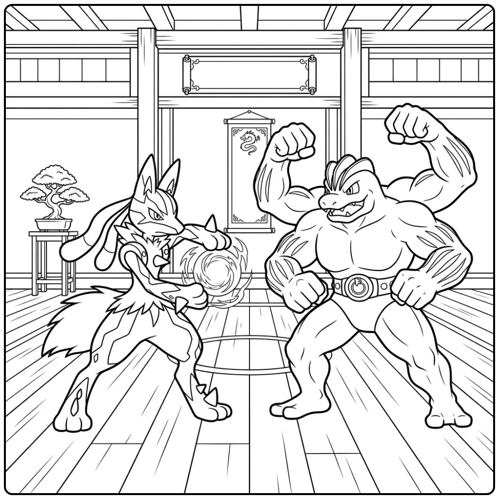 Dynamische lucario kleurplaat: Lucario's Aura aanval tegen Machamp.