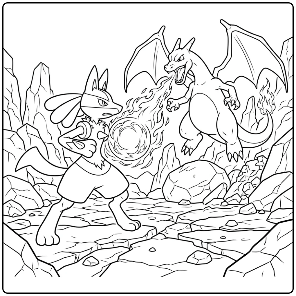 Dynamische lucario kleurplaat: Lucario vormt Aura Sphere tegen Charizard.